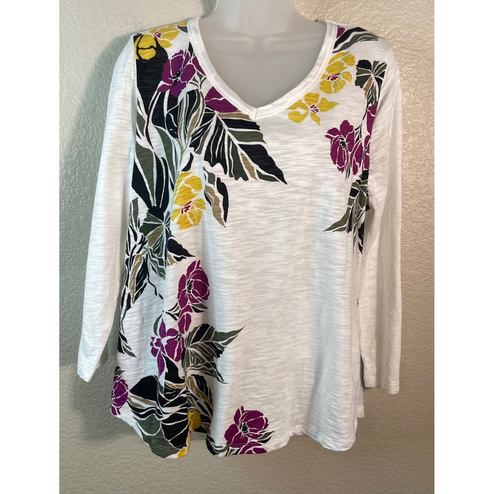 Chicos 2 US L Top White Floral V Neck Long Sleeve Cotton Modal Slub Knit Resort